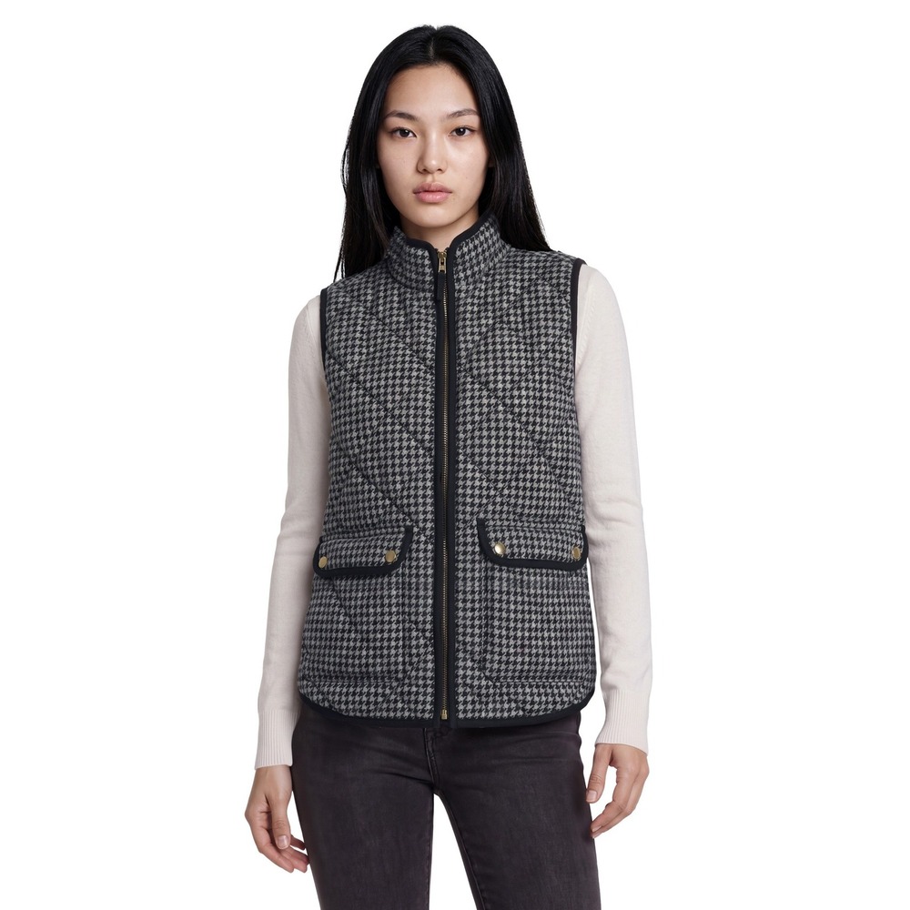 J.Crew Excursion Vest Women's Size Medium Black Houndstooth Quilted Puffer Zip